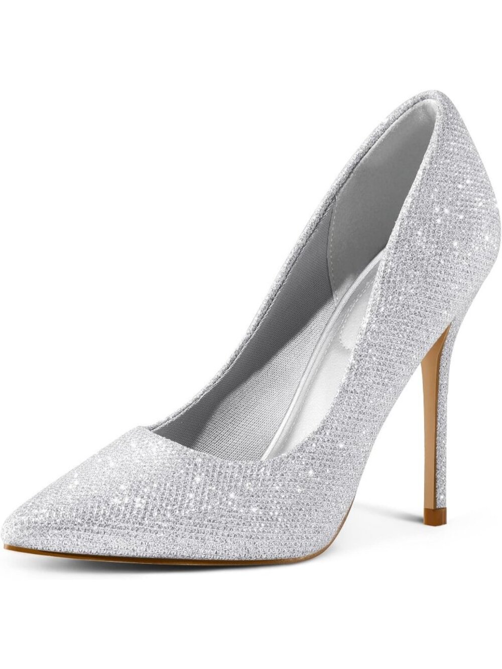 Women's Silver Glitter Pull On Pumps Closed Pointed Toe Stiletto 4IN Heels Shoes